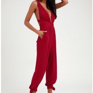 Lulus Berry Red Convertible Halter Jumpsuit